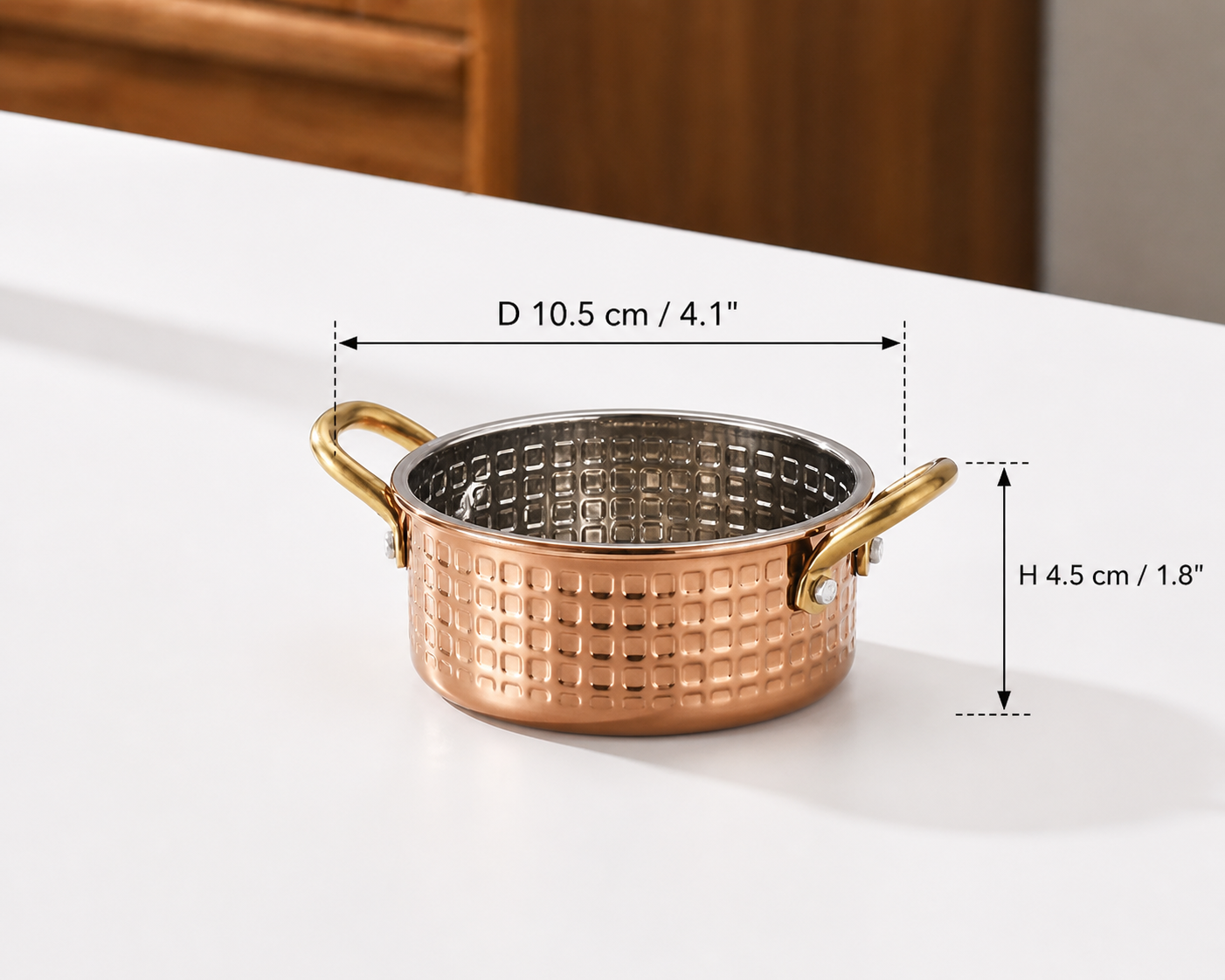 Sub-equip,RPD-10RG,Stainless Steel Rose Gold Hammered Round Mini Pot with Double Handle-(D 10.5cm x H 4.5 cm)(4.1"x 1.8") - Chefcoca