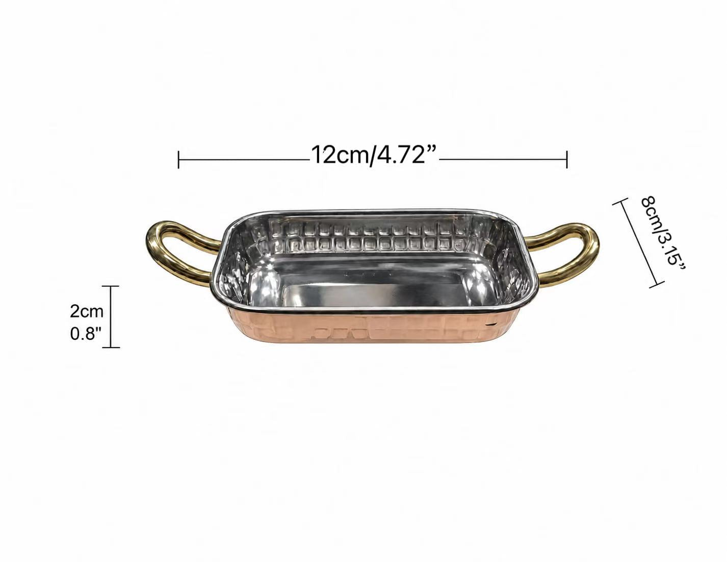 Sub-equip,RPD-12082RG,Rose Gold Hammered Stainless Steel Rectangle Deep Plate with Double Handle – (12 cm L x 8cm W x 2 cm H)(4.72" x 3.15" x 0.8") - Chefcoca