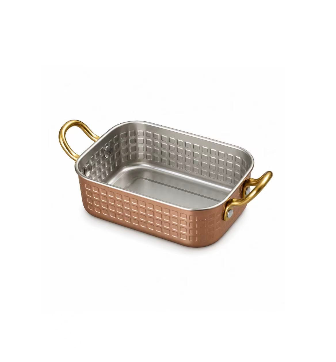 Sub-equip,RPD-12084RG,Rose Gold Hammered Stainless Steel Rectangle Deep Plate with Double Handle –(L12cm x W8cm x H4 cm)(4.72" x 3.4"x 1.6") - Chefcoca