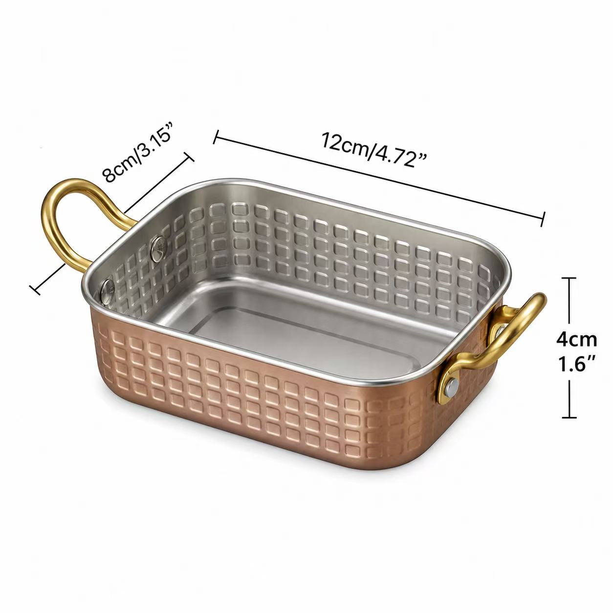 Sub-equip,RPD-12084RG,Rose Gold Hammered Stainless Steel Rectangle Deep Plate with Double Handle –(L12cm x W8cm x H4 cm)(4.72" x 3.4"x 1.6") - Chefcoca