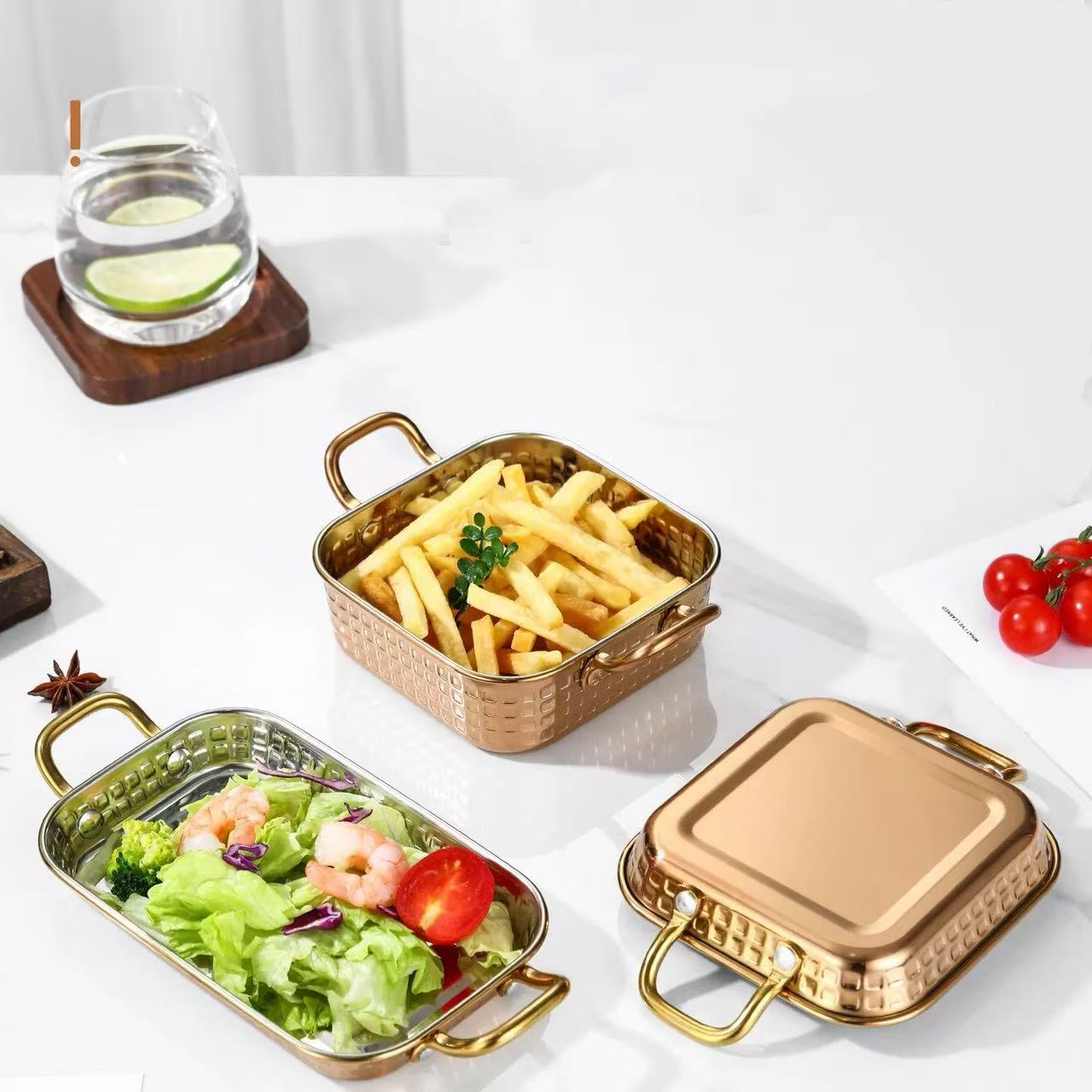 Sub-equip,RPD-12122RG,Rose Gold Hammered Stainless Steel Square Deep Plate with Double Handle – (L12 cm x W12 cm x H2 cm)(4.72" x 4.72" x 0.8") - Chefcoca