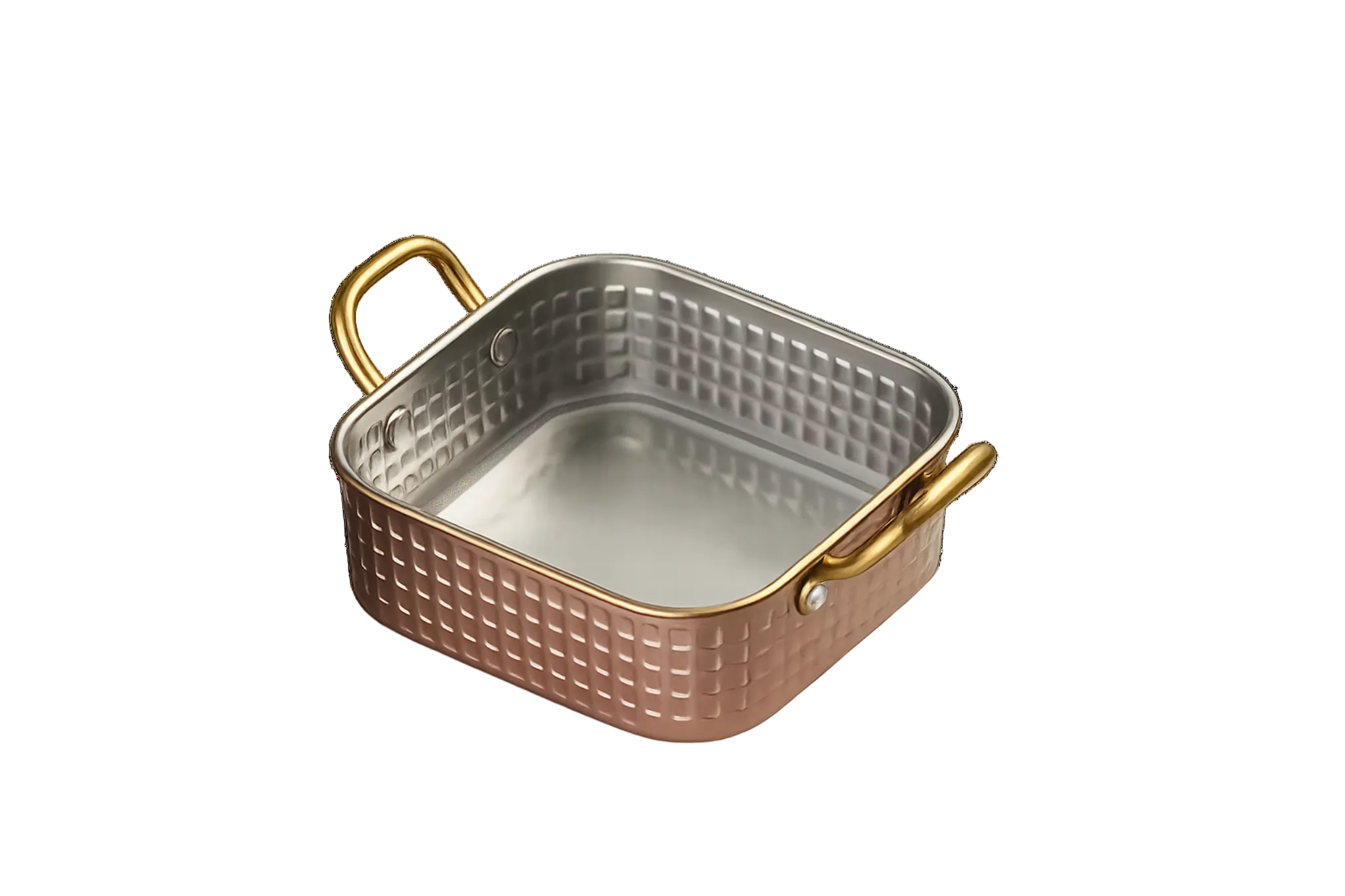 Sub-equip,RPD-12124RG,Rose Gold Hammered Stainless Steel Square Deep Plate with Double Handle – ( L12 cm x W12 cm x H4 cm)(4.72" x 4.72" x 1.57") - Chefcoca
