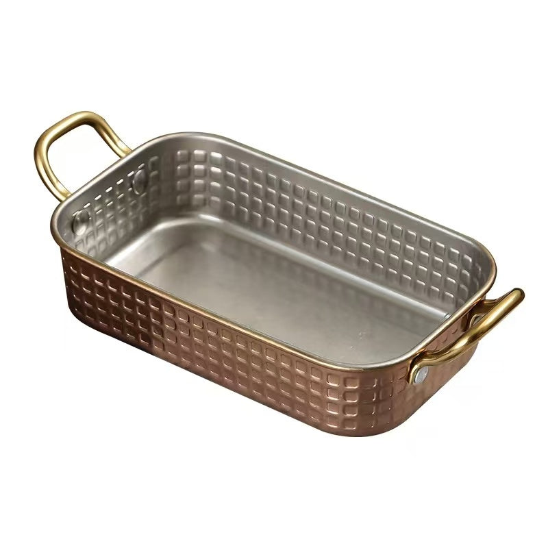 Sub-equip,RPD-17104RG,Rose Gold Hammered Stainless Steel Rectangle Deep Plate with Double Handle – (L17 cmL x W10 cm x H4 cm)(6.7" x 4"x 1.6") - Chefcoca