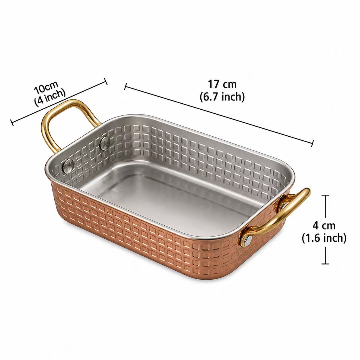 Sub-equip,RPD-17104RG,Rose Gold Hammered Stainless Steel Rectangle Deep Plate with Double Handle – (L17 cmL x W10 cm x H4 cm)(6.7" x 4"x 1.6") - Chefcoca