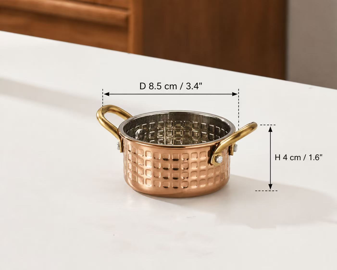 Sub-equip,RPD-8RG,Stainless Steel Rose Gold Hammered Round Mini Pot with Double Handle-(D 8.5cm x H 4 cm)(3.4"x 1.6") - Chefcoca