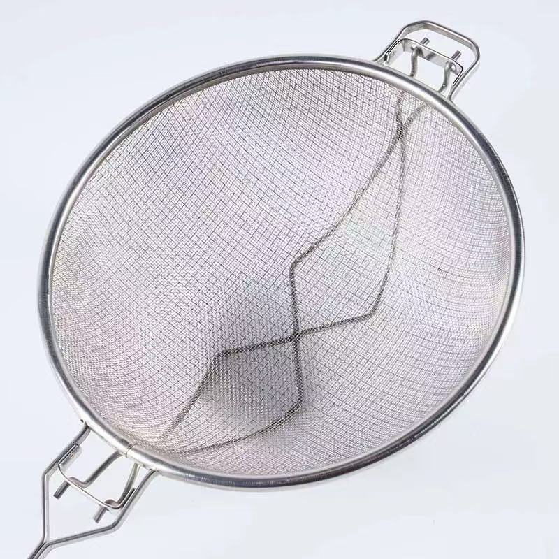 Sub-equip, RSS-10RB,10.4" Reinforced Heavy-Duty Medium Stainless Steel Double Mesh Strainer with Wooden Handle & Hanging Hook - Chefcoca