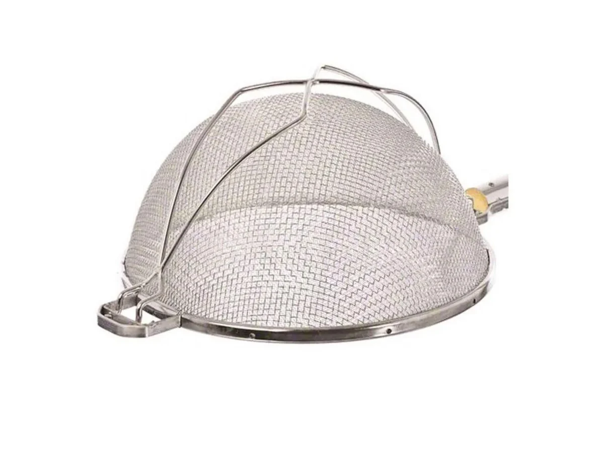 Sub-equip,RSS-14D, 14" Reinforced Heavy-Duty Medium Stainless Steel Double Mesh Strainer with Round Wooden Handle & Hanging Hook - Chefcoca