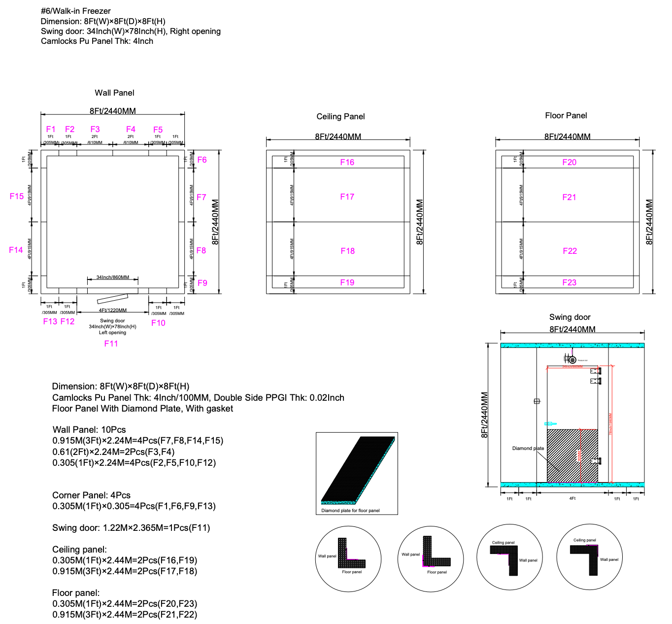 Sub-Equip, WT-8884F,8W x 8D x 8H ft Walk-In Freezer, 4" Thick Panels, Indoor Box Only - Chefcoca