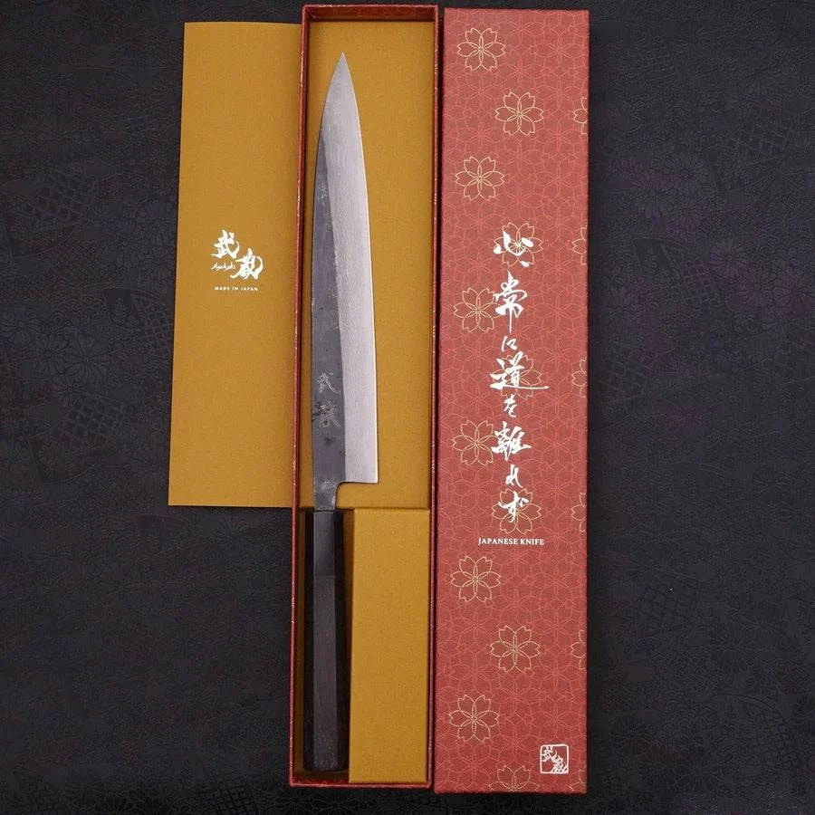 MUSASHI Sujihiki Blue steel #2 Kurouchi Damascus Buffalo Ebony Handle 240mm (120-240) - Chefcoca