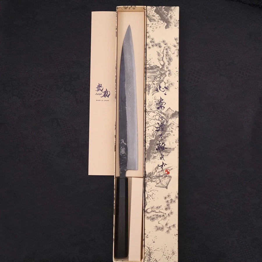 MUSASHI Sujihiki Blue steel #2 Kurouchi Damascus Buffalo Ebony Handle 270mm ( 121-270) - Chefcoca