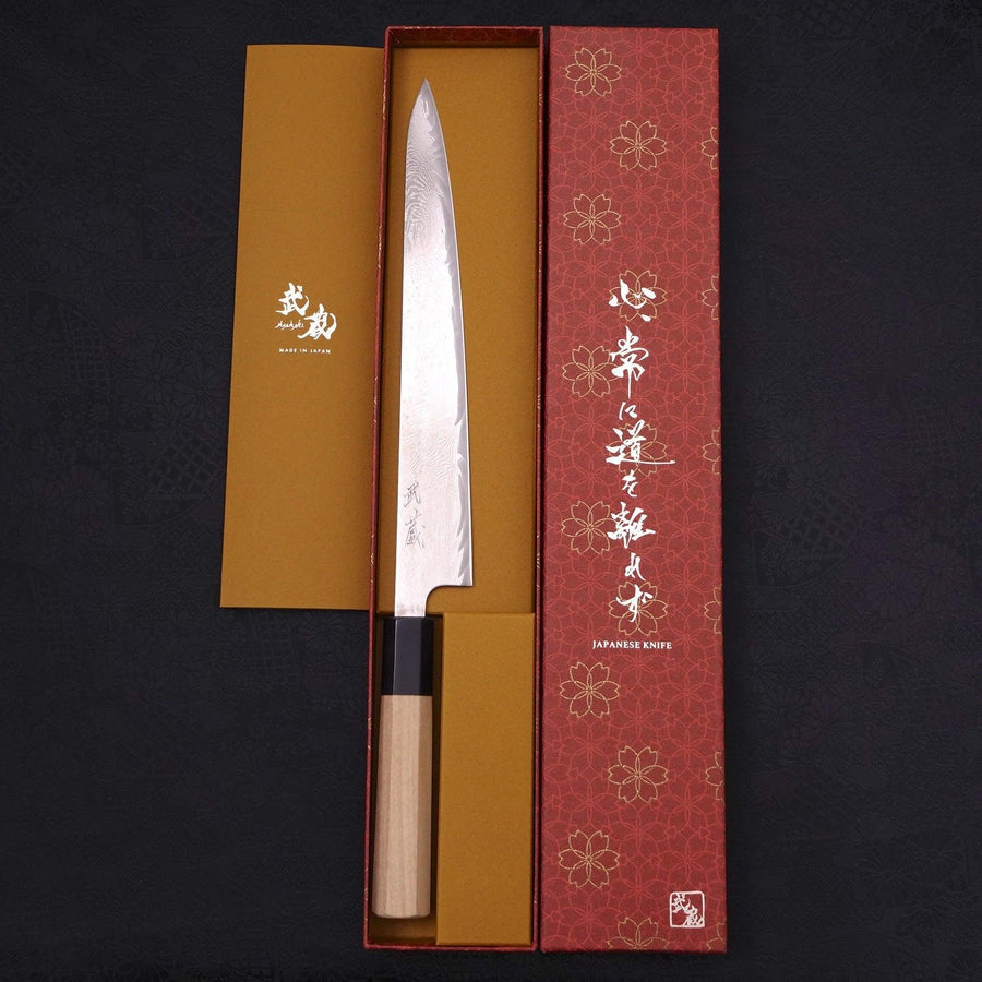 MUSASHI Sujihiki AUS-10 Wave Damascus Buffalo Magnolia Handle 240mm (372-240) - Chefcoca