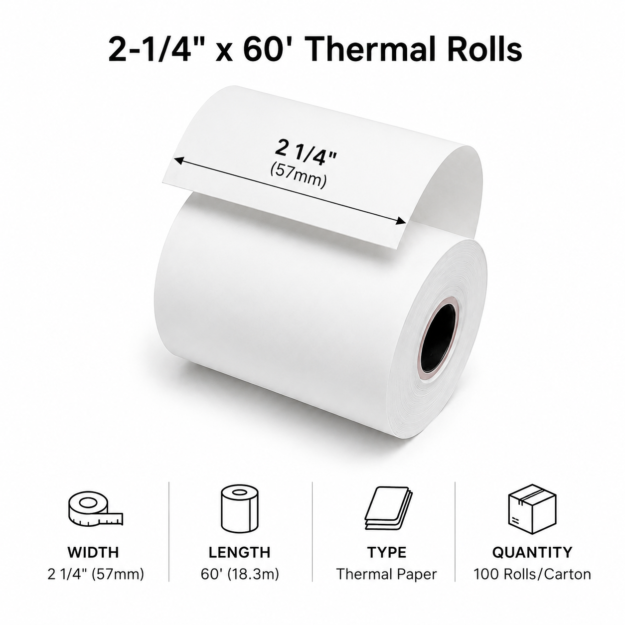 T21460C-TOR, Thermal Paper, 2 1/4" X 60‘, 100 Rolls/case