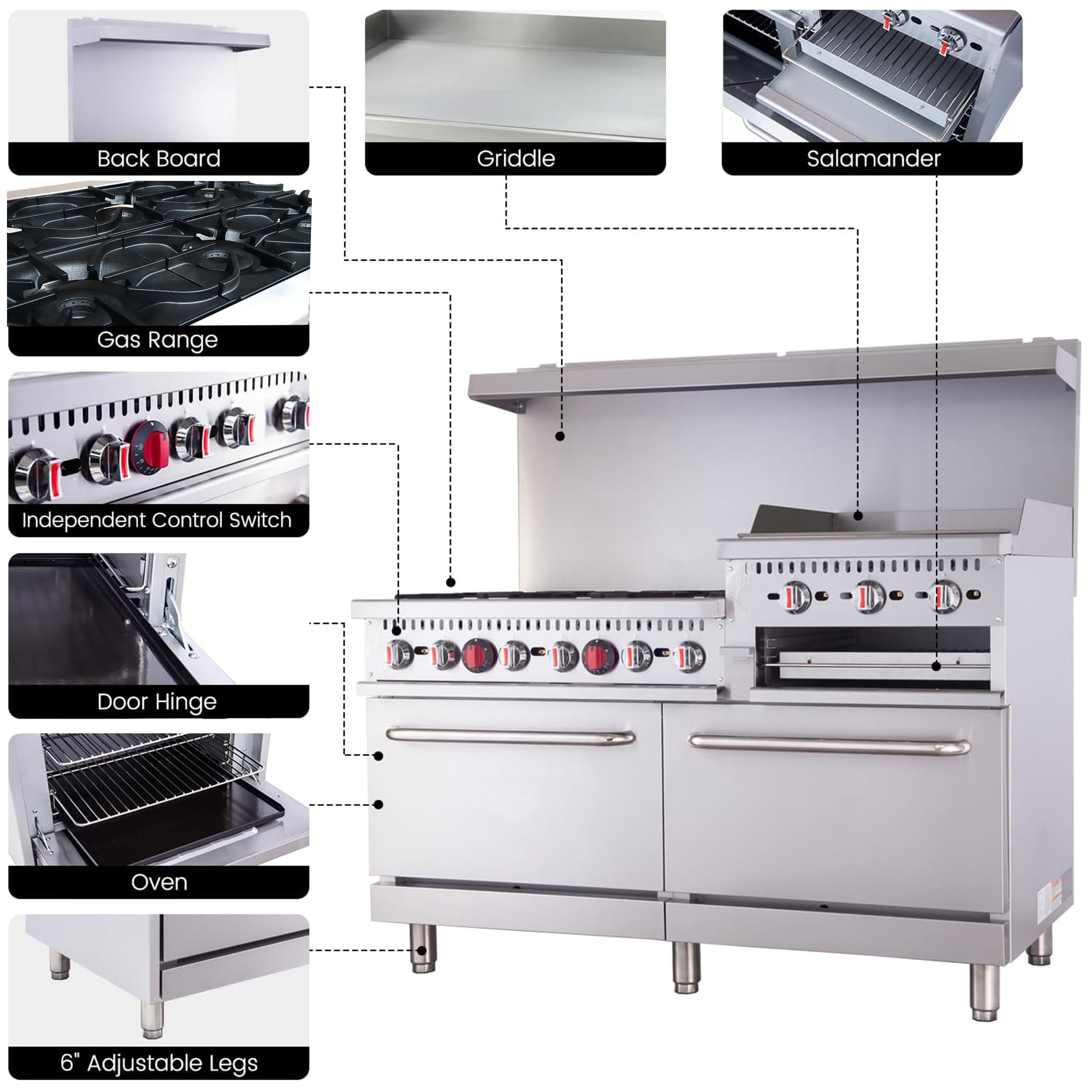 Turbo Range, 60" Range with 6 Burners & 24" Griddle top & Oven (TR-R60-G24-6B-J) - Chefcoca
