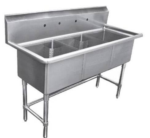 78" 16-Gauge 304 Stainless Steel Three Compartment Sink, No Drainboards (78" x 30" x 44.5") - Chefcoca
