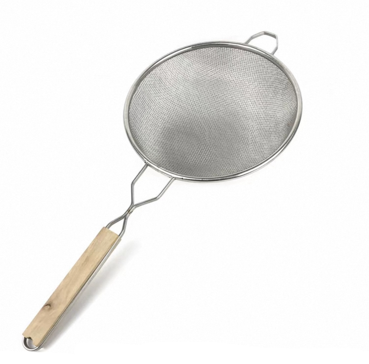 Chefco, 9 1/2" Medum Stainless Steel Double Mesh Strainer with Wooden Handle & Hanging Hook (MSH-9.5D) - Chefcoca