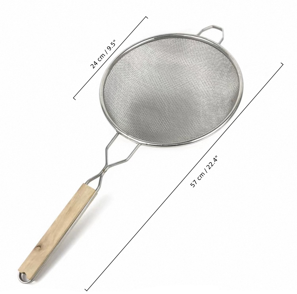 Chefco, 9 1/2" Medum Stainless Steel Double Mesh Strainer with Wooden Handle & Hanging Hook (MSH-9.5D) - Chefcoca