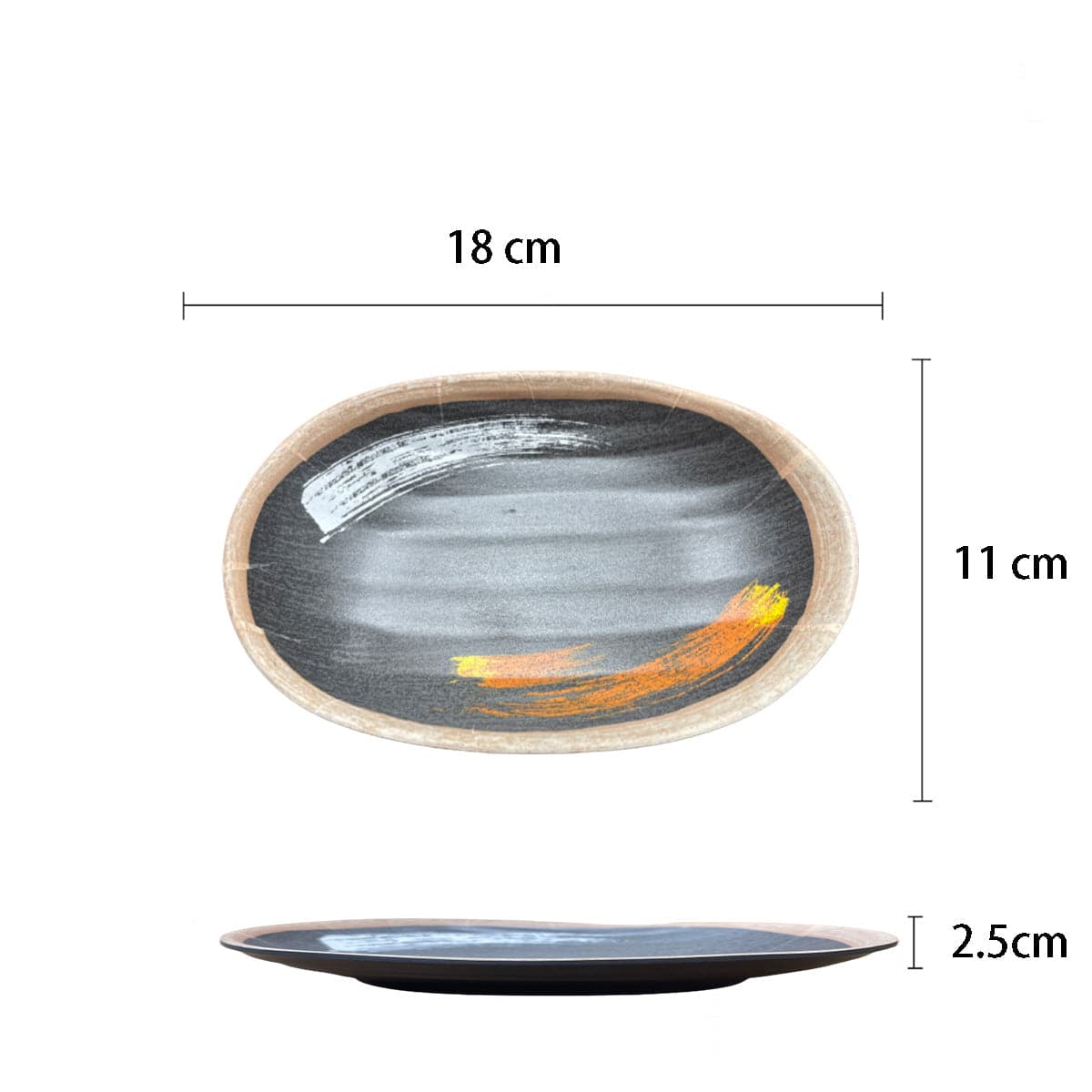 7.2" Melamine Black Oval Dee Plate with white & golden pattern (W7307G) - Chefcoca