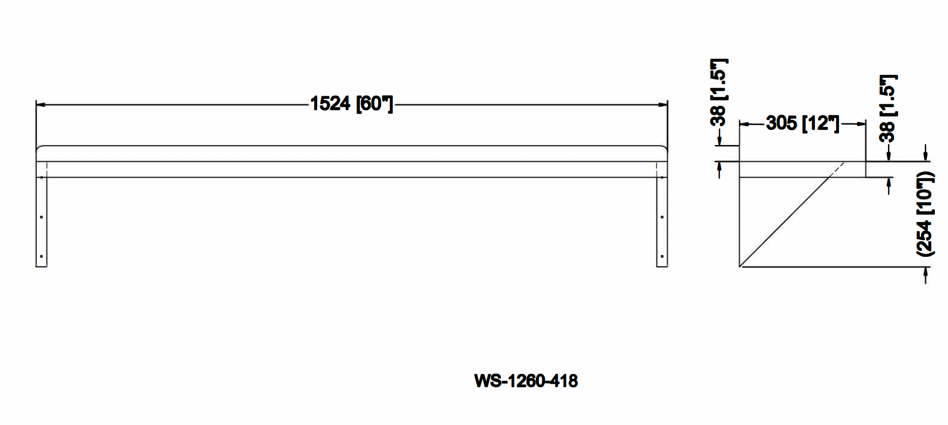 Metal 304, WS-1260-418, 18 Gauge 430 Stainless Steel Solid Wall Shelf 12"width x 60" length