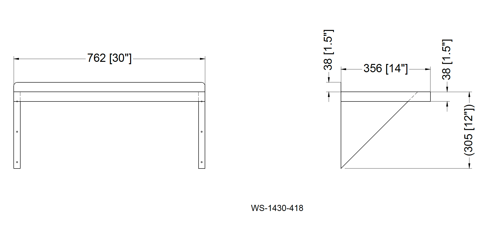 Metal 304, WS-1430-418, 18 Gauge 430 Stainless Steel Solid Wall Shelf 14"width x 30" Length