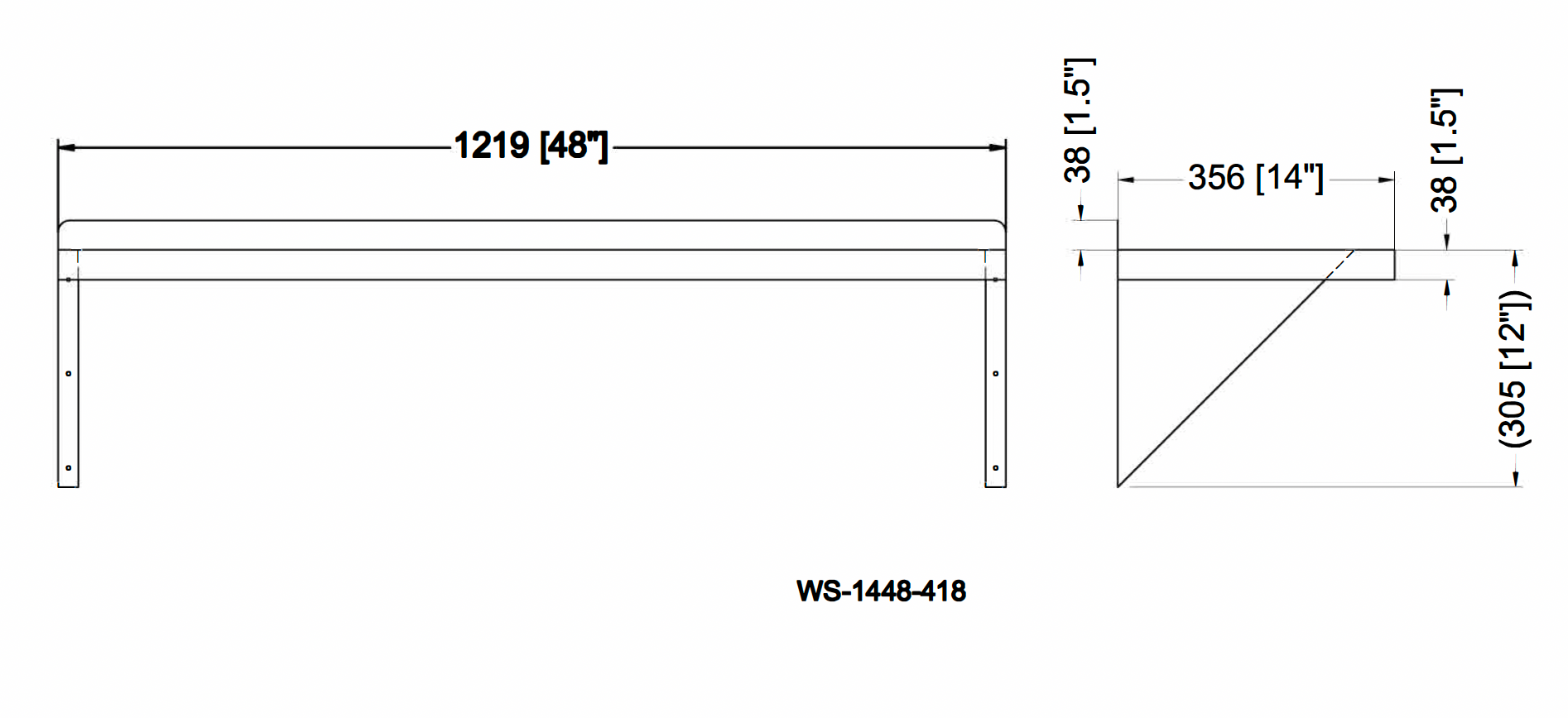 Metal 304, WS-1448-418, 18 Gauge 430 Stainless Steel Solid Wall Shelf 14"width x 48" Length