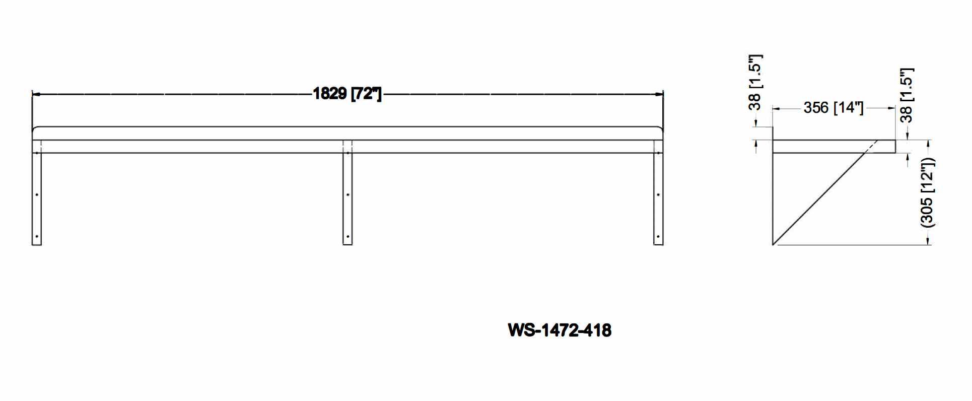 Metal 304, WS-1472-418, 18 Gauge 430 Stainless Steel Solid Wall Shelf 14"width x 72" Length