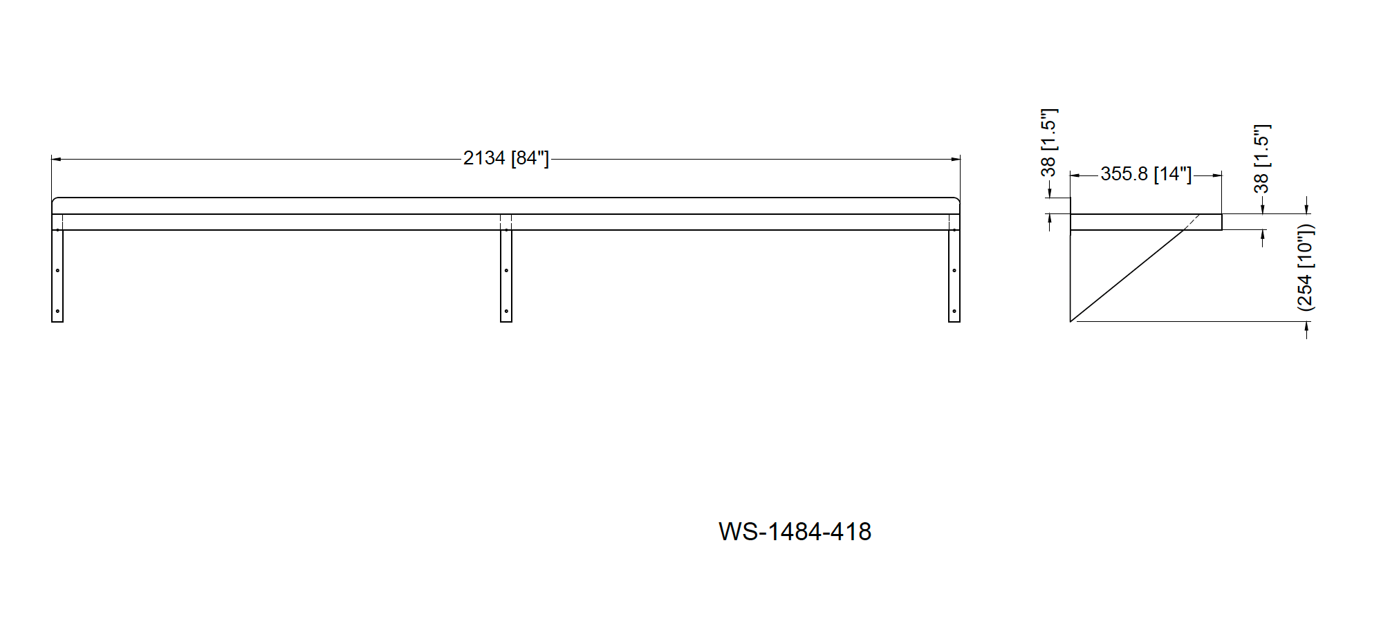 Metal 304, WS-1484-418, 18 Gauge 430 Stainless Steel Solid Wall Shelf 14"width x 84" Length