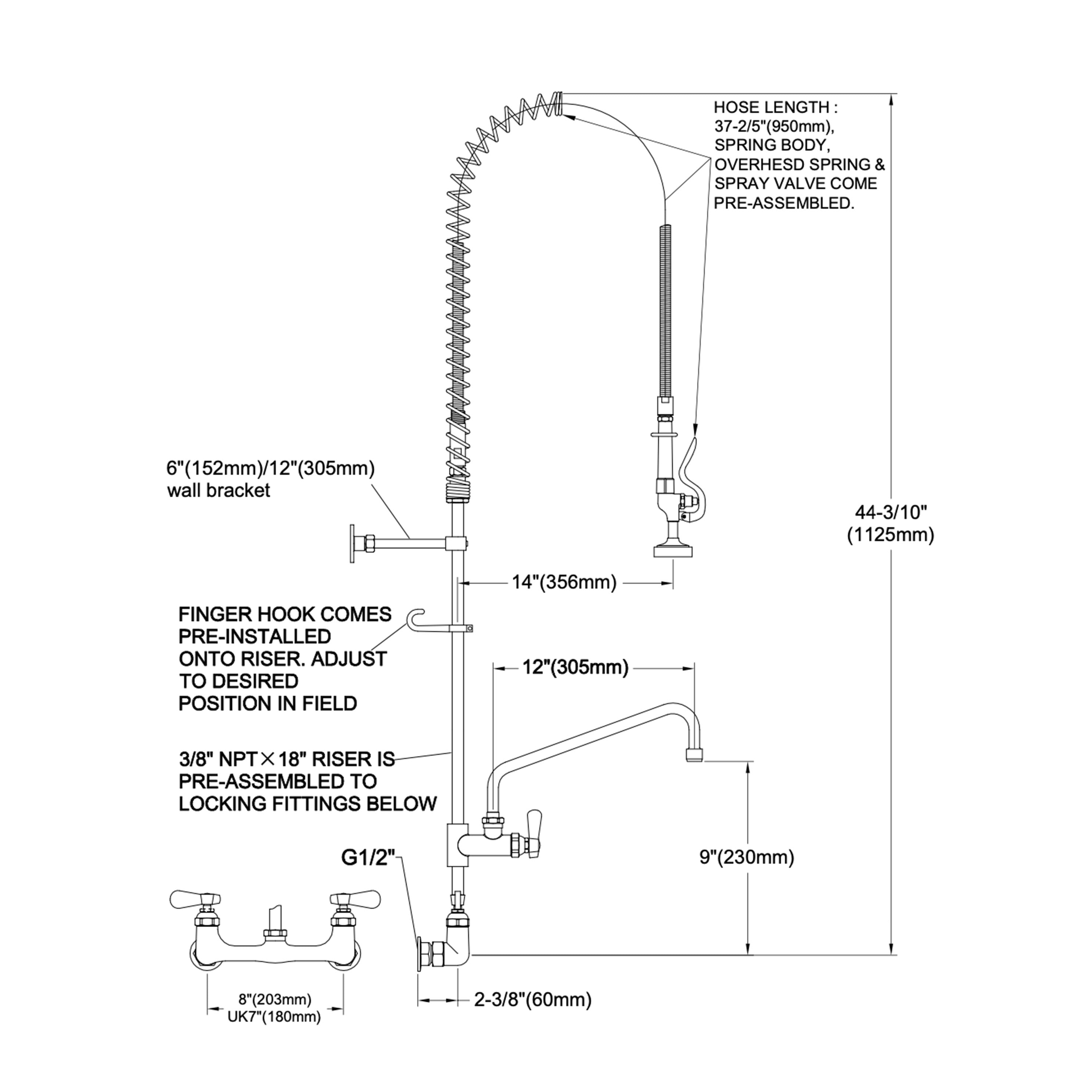 CHEFCO, 98002-2, Wall-Mounted Pre-Rinse Assembly with 8" Centers and 12" Swing Faucet