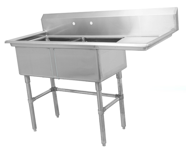 63"16-Gauge 304 Stainless Steel Two Compartment Sink with Right Drainboard (63" x 26" x 44.5") - Chefcoca