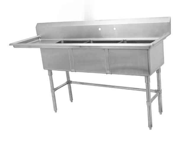 83" 16-Gauge 304 Stainless Steel Three Compartment Sink with Left Drainboard (83" x 26" x 44.5")