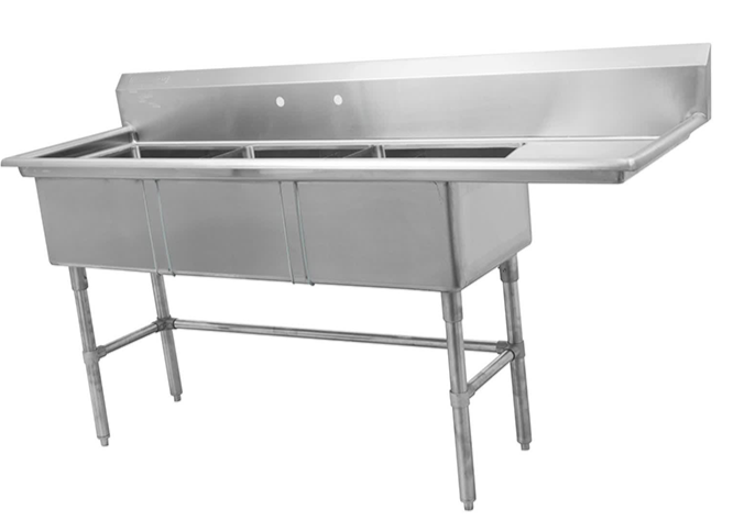 83"16-Gauge 304 Stainless Steel Three Compartment Sink with Right Drainboard (83" x 26" x 44.5")