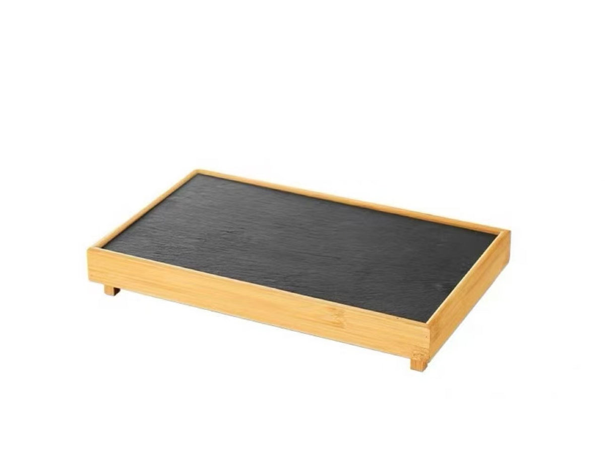 CHEFCO,ZIP-37226, Stone Grill Plate with Bamboo Tray( 37cm/14.6" L× 22cm/8.7"Wx6cm/2.4"H) - Chefcoca