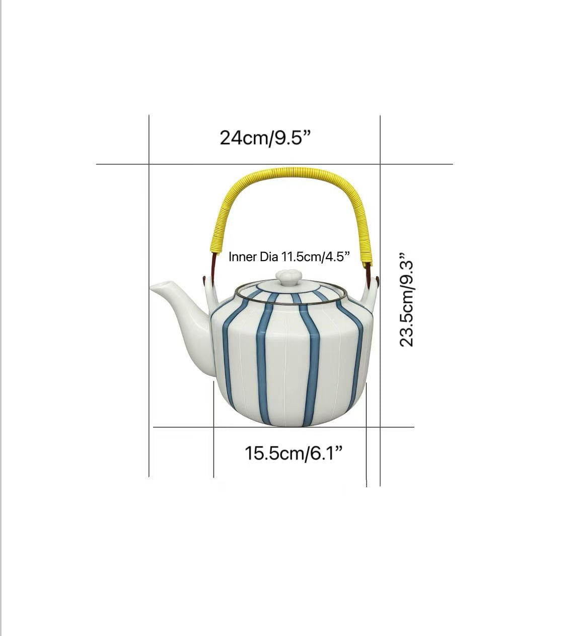CHEFCO, CTP-10, Ceramic White Tea Pot wiht Blue Stripe Pattern (1900cc)(9.5" X 6.1" X9.3"H) - Chefcoca