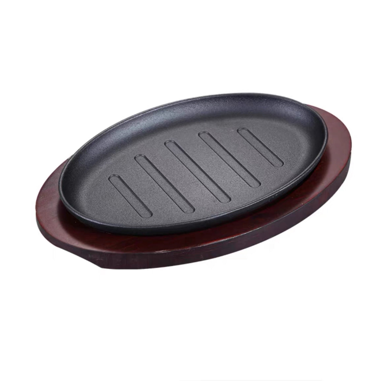 Oval cast iron sizzling plate with wooden base, 2pcs/set 10"x6.5" - Chefcoca