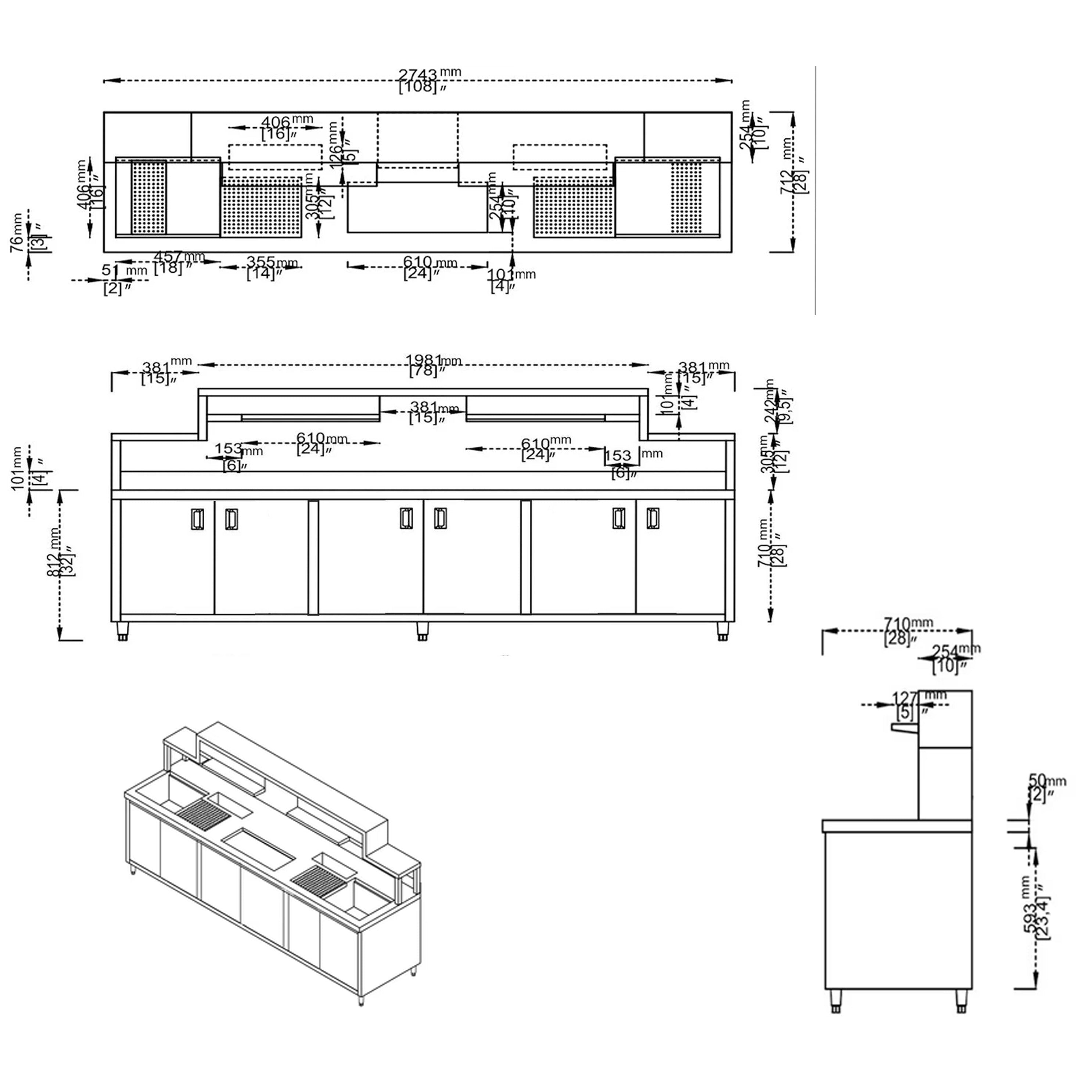 16Gauge 304 Stainless Steel Bubble Tea Work Station, BTS-270 (108"Wx28"Dx49.5"H) - Chefcoca