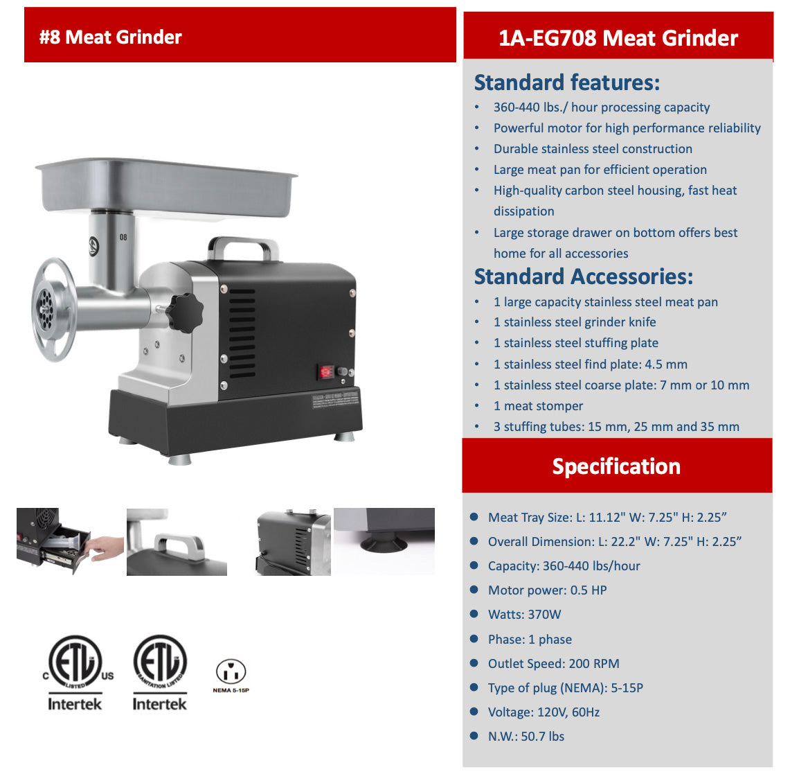 Sub-equip 1A-EG7 Series 8" Blade Diameter Meat Grinder - Chefcoca