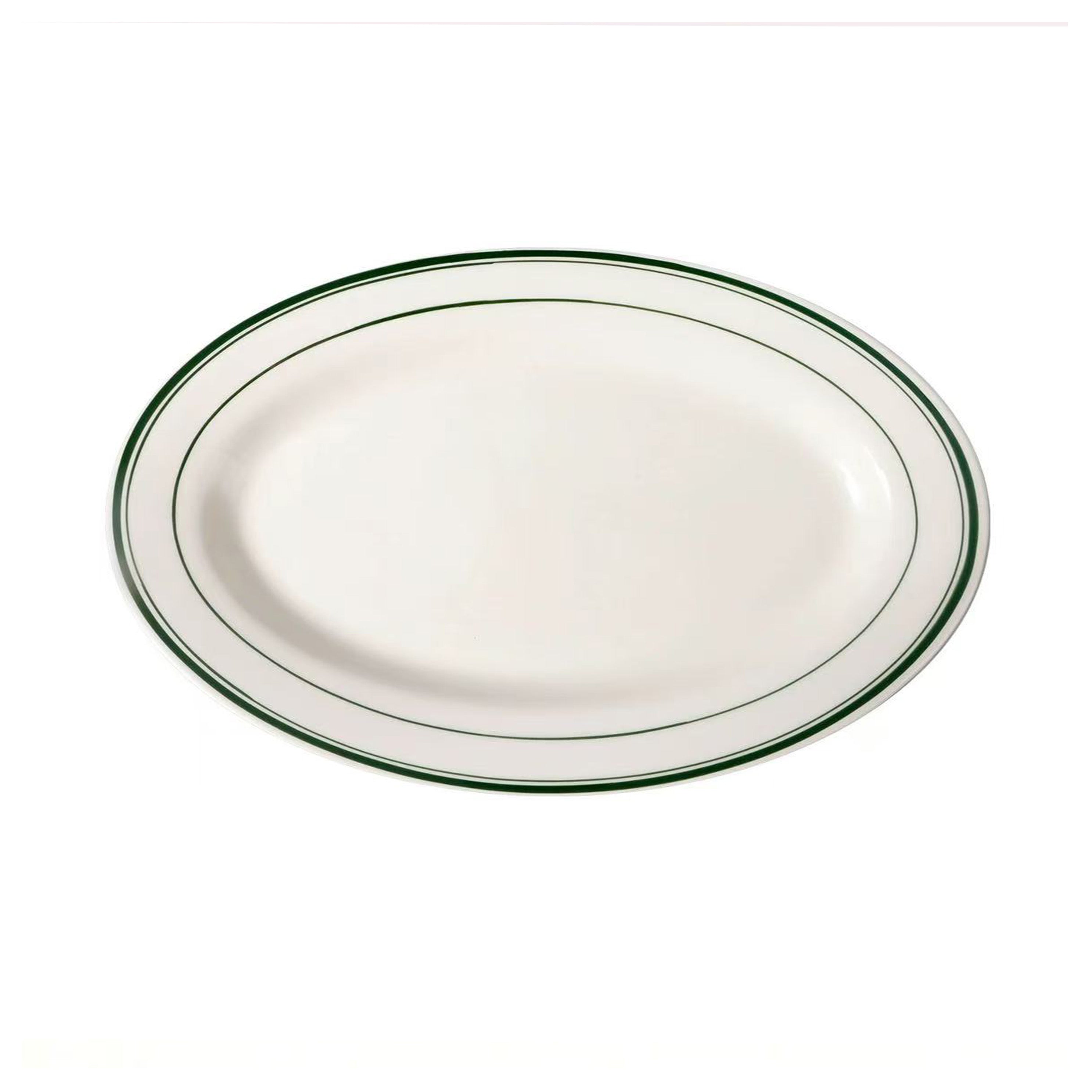 Chefco VIC-19, 15- 1/2"× 9-1/2" Ivory (American White) Porcelain Oval Platter, with Green Bands