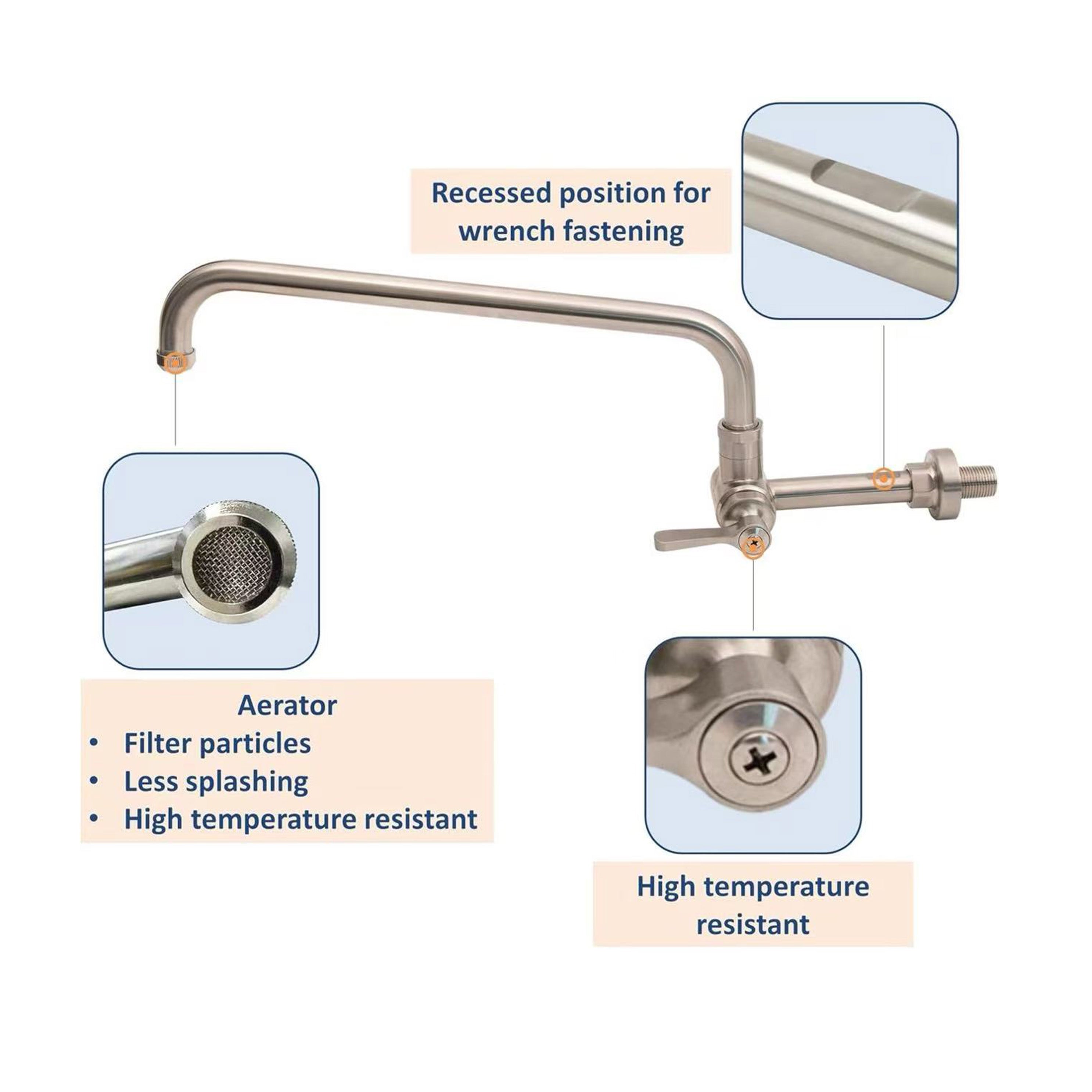 AA Faucet Single Wall Mount Commercial Manual Wok Range Faucet with 14" Swing Spout,All Stainless Steel Construction for Restaurant Kitchen NSF Approved