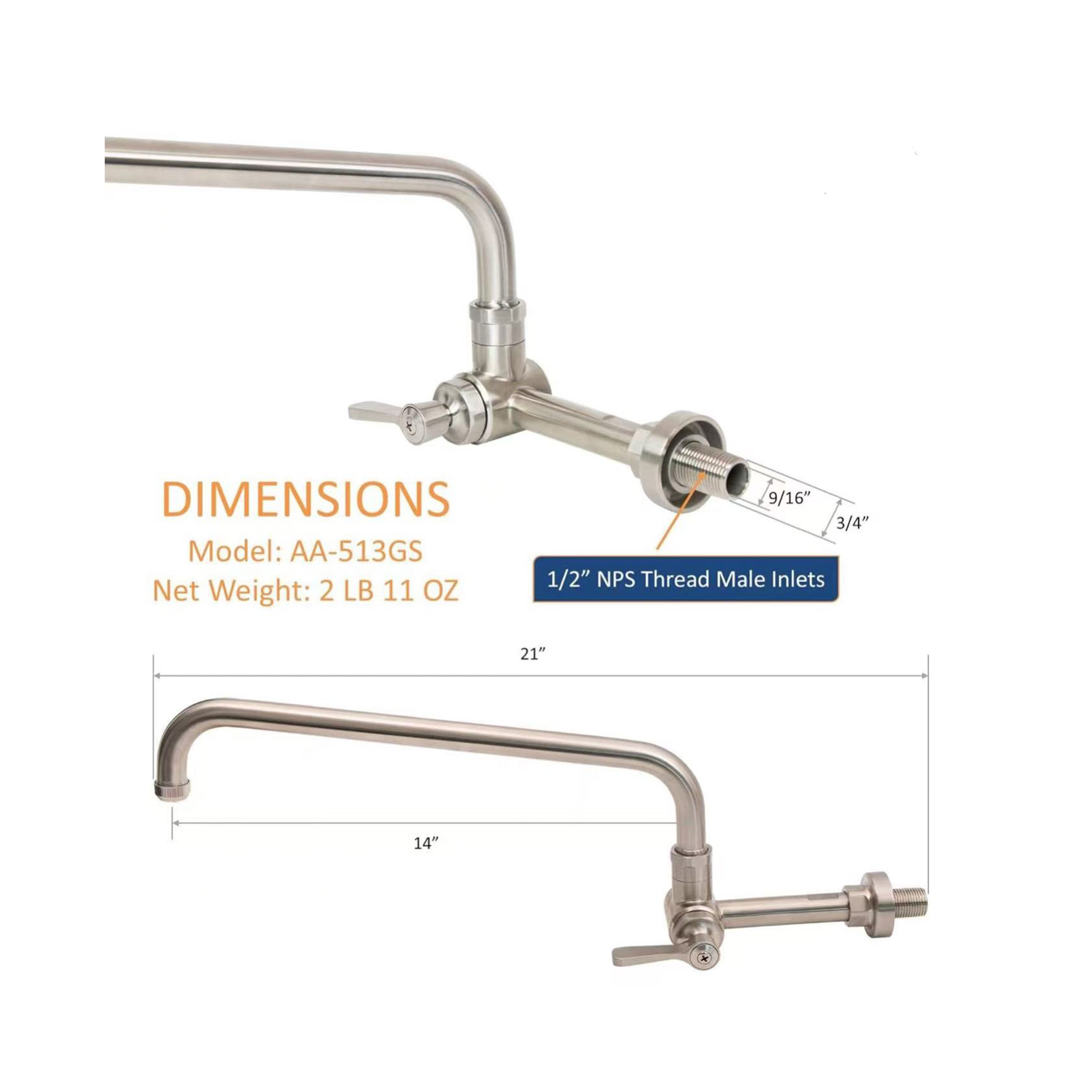 AA Faucet Single Wall Mount Commercial Manual Wok Range Faucet with 14" Swing Spout,All Stainless Steel Construction for Restaurant Kitchen NSF Approved - Chefcoca