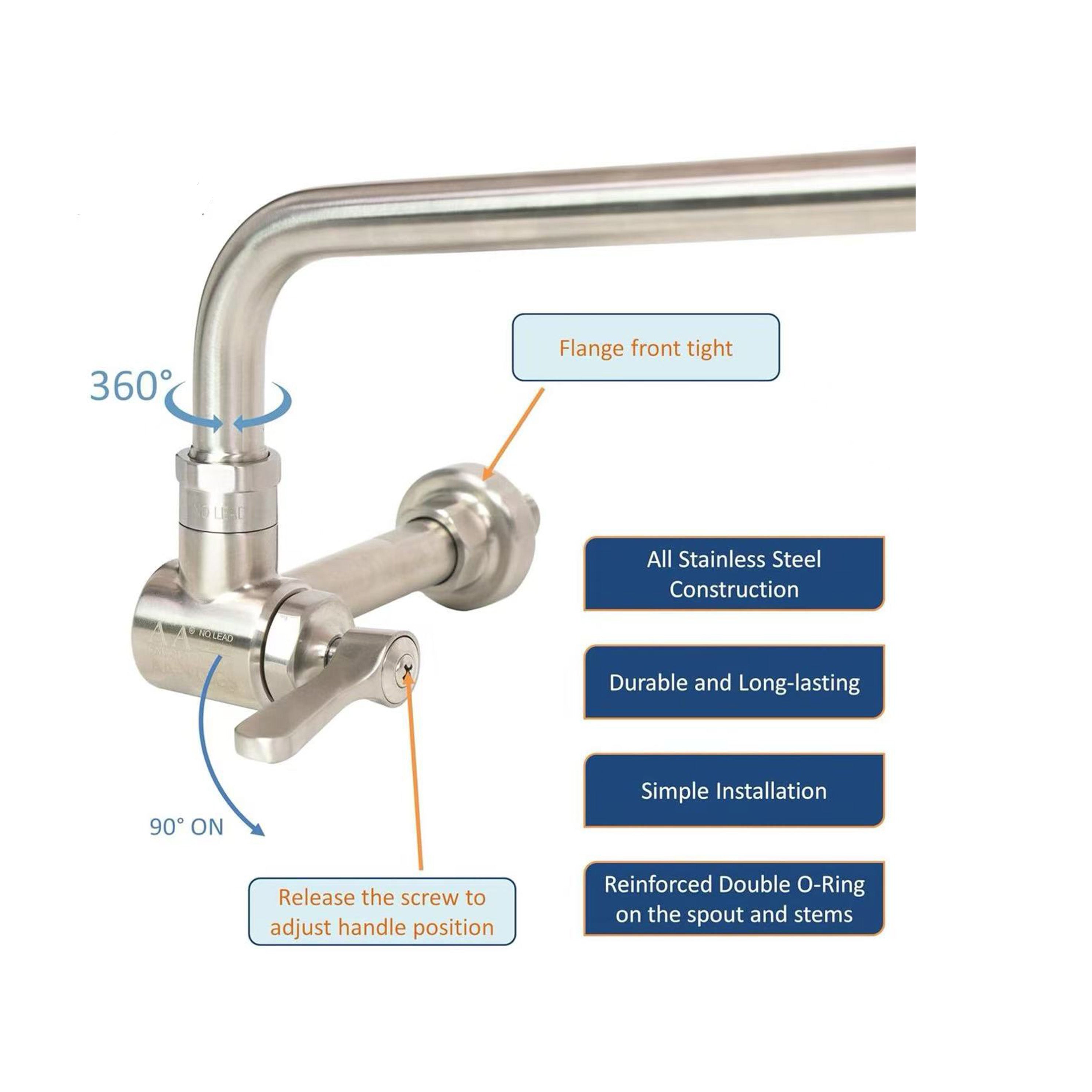 AA Faucet Single Wall Mount Commercial Manual Wok Range Faucet with 14" Swing Spout,All Stainless Steel Construction for Restaurant Kitchen NSF Approved - Chefcoca