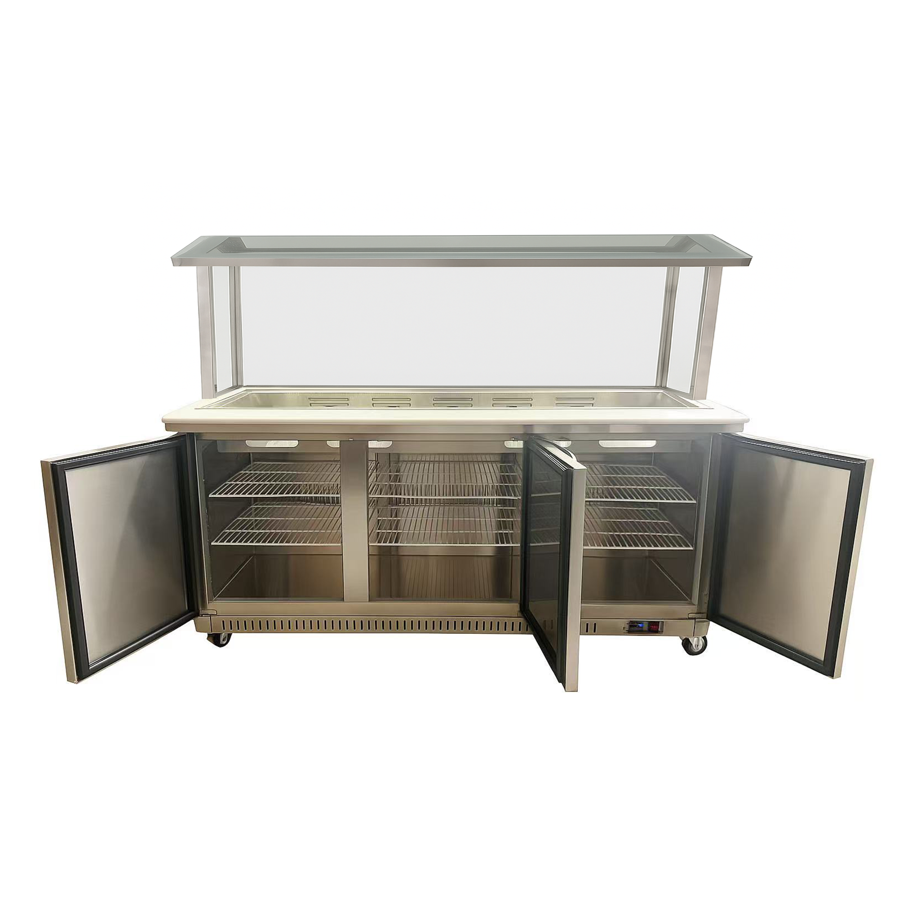 Sub-equip, CSSU-72M-SV, 72" salad and sandwich Prep Table with Glass Sneeze Guard, marble countertop