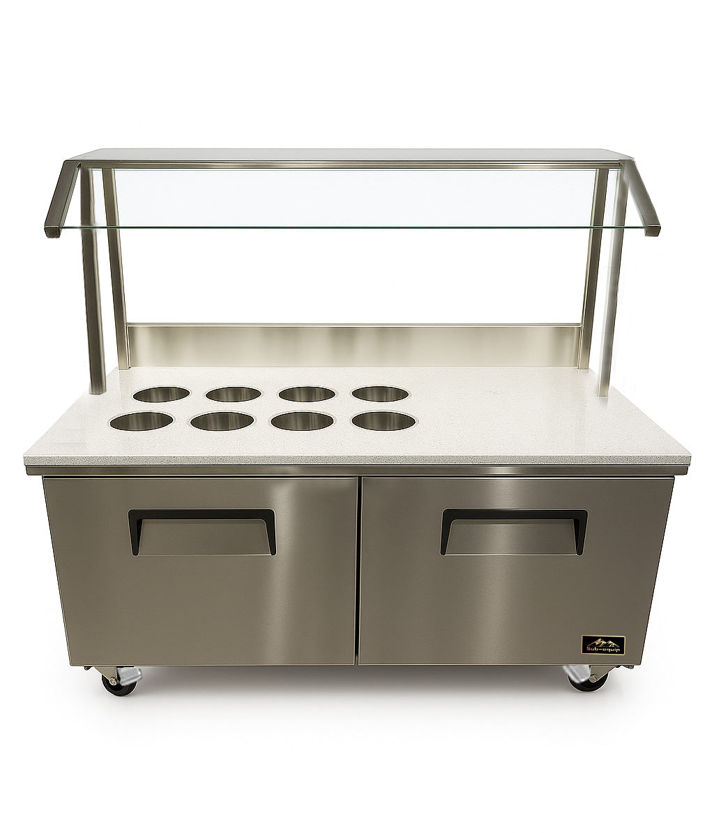 Sub-equip, CUC-60-ST, 61" Stainless Steel Refrigerated Marble Topping Station with Glass Shield – 8-Pan Counter & Double Drawers