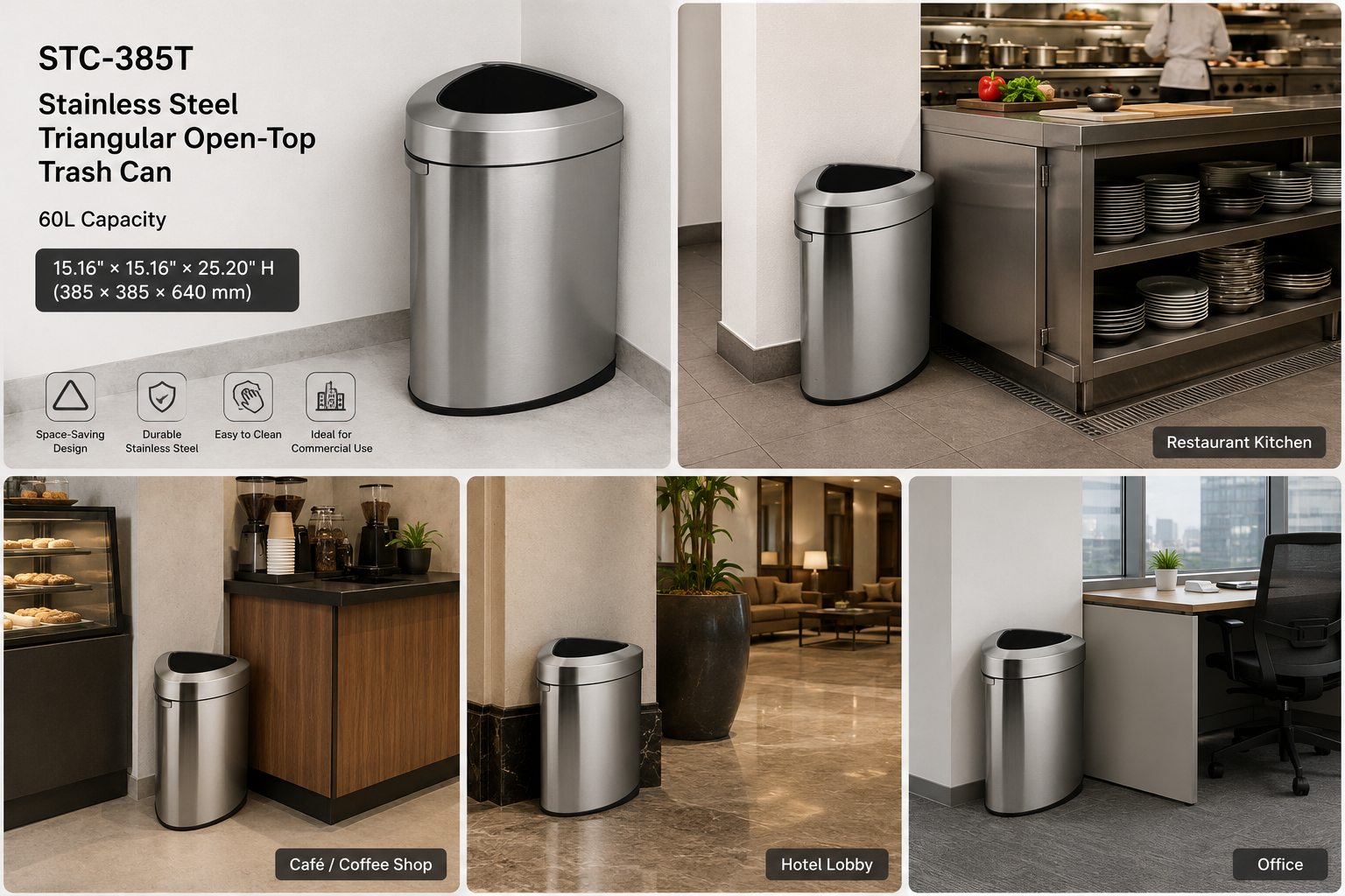 Chefco, STC-385T,Stainless Steel Triangular Open-Top Trash Can, 60L