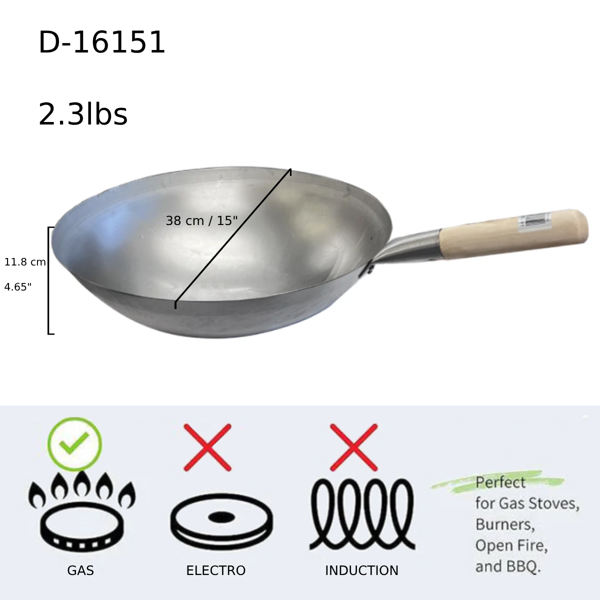 Deep Single Wooden Handle Wok, 15" (D-16151) - Chefcoca