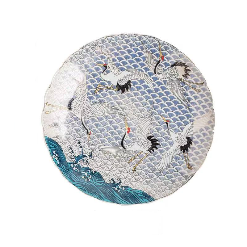 Chefco, 11.25" Flower Shape Plate with "Crane" and Sea Wave Pattern (KF2903)
