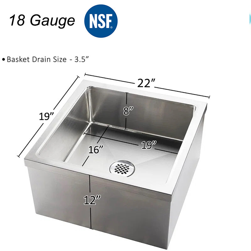 Metal 304, 18-Gauge 304 stainless steel Mop Sink (19"x22"x12") - Chefcoca