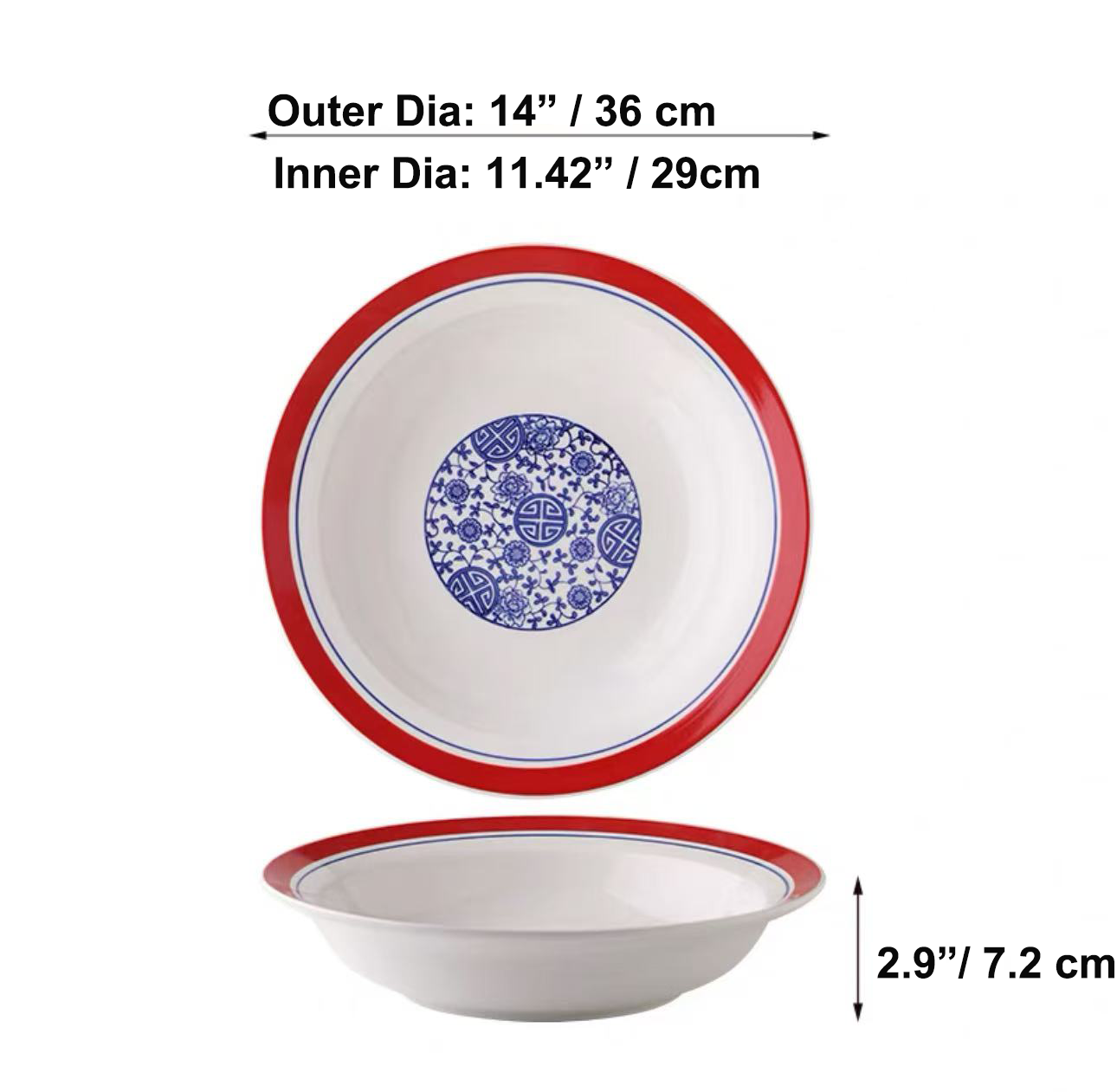 Chefco, 14" Chinese-style ceramic Plate, blue and white porcelain bowl with a red rim and a patterned center (PTC00328) - Chefcoca
