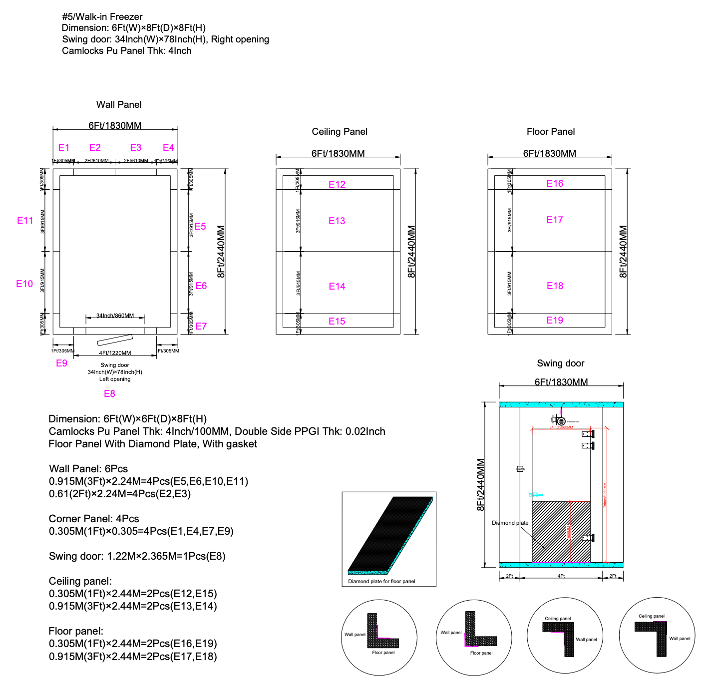 Sub-Equip, WT-8684F, Walk-In Freezer, 4" Thick Panels, 8W x 6D x 8H ft, Indoor Box Only - Chefcoca