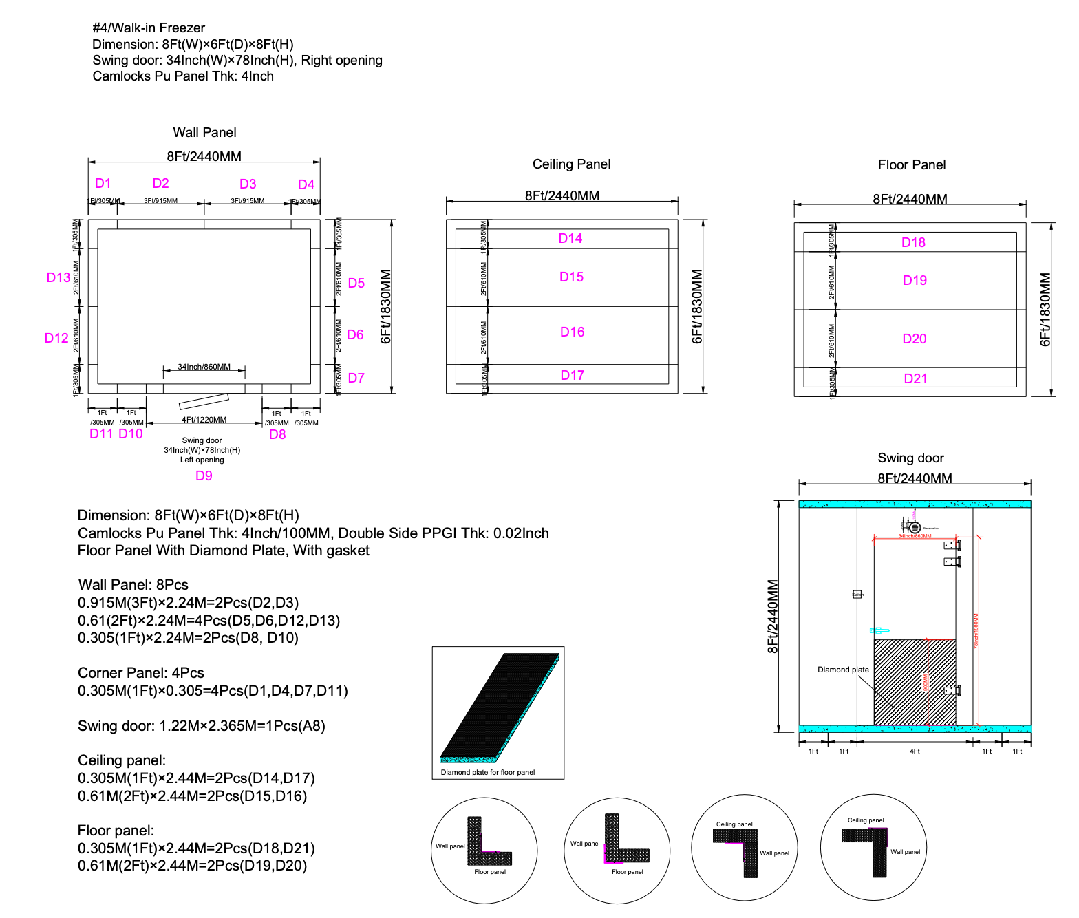Sub-Equip, WT-864F, Walk-In Freezer with Floor, 4" Thick Panels, 8W x 6D x 8 H ft - Chefcoca