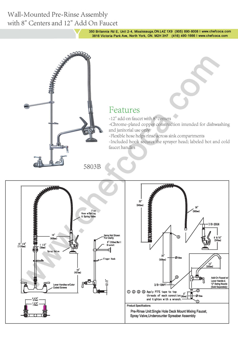 Wall-Mounted Pre-Rinse Assembly with 8" Centers with 12" Swing Faucet