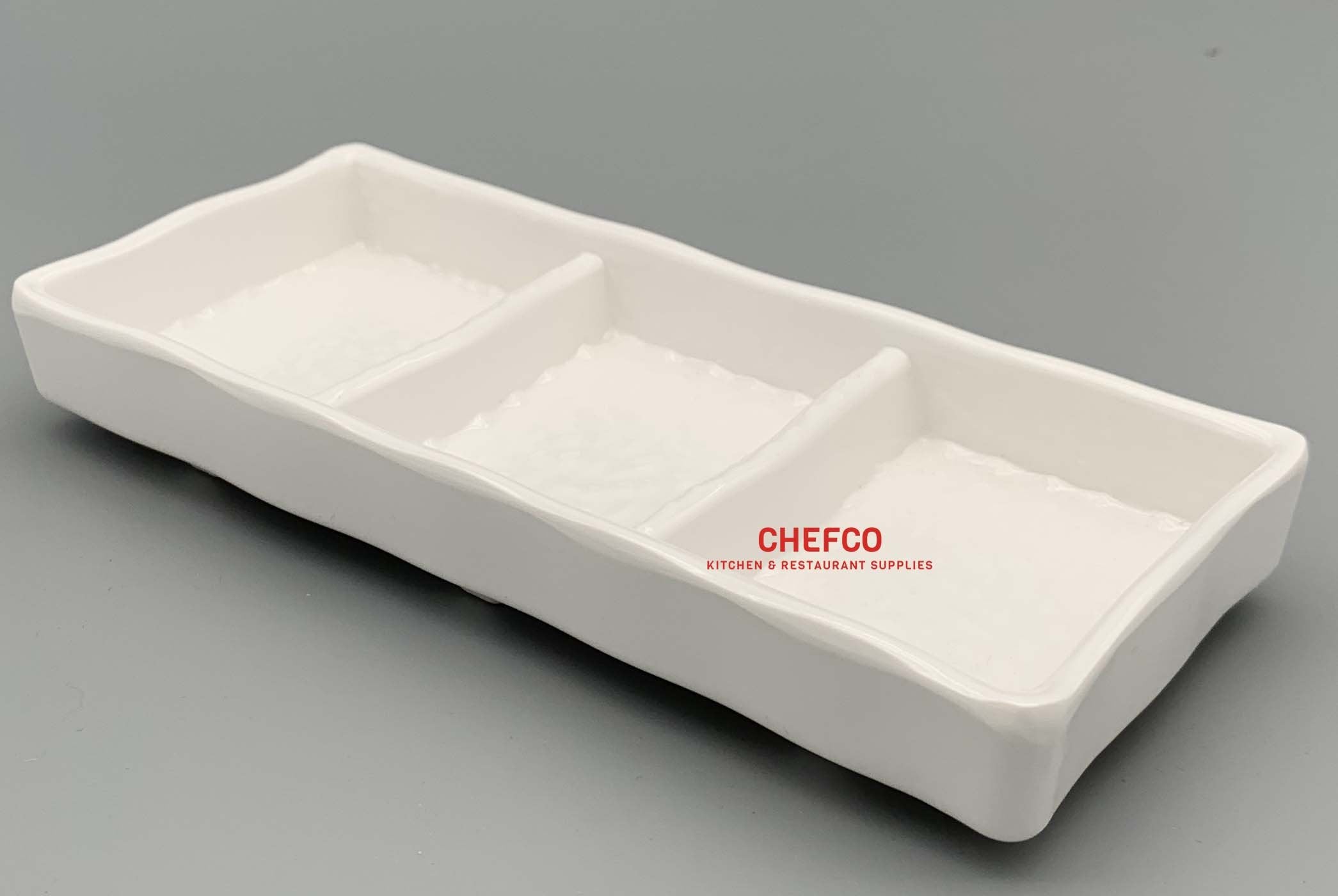 White Melamine Sauce Dish with Three Compartments (7.5" x 2.87") - Chefcoca